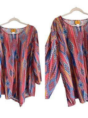 NWT Ruby Rd Womens 4X Sequin Neckline Tunic Top Red Blue Geometric 3/4 26.5"x28"